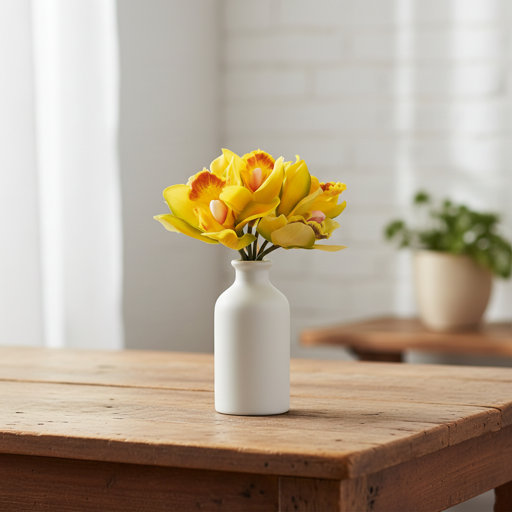 Artificial yellow Cymbidium orchid bouquet displayed in small white ceramic vase on rustic wooden table with natural window light, home decor styling