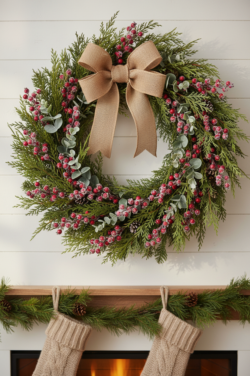 Frosted red berry picks woven into a full Christmas wreath with pine cedar and eucalyptus greenery on white shiplap wall