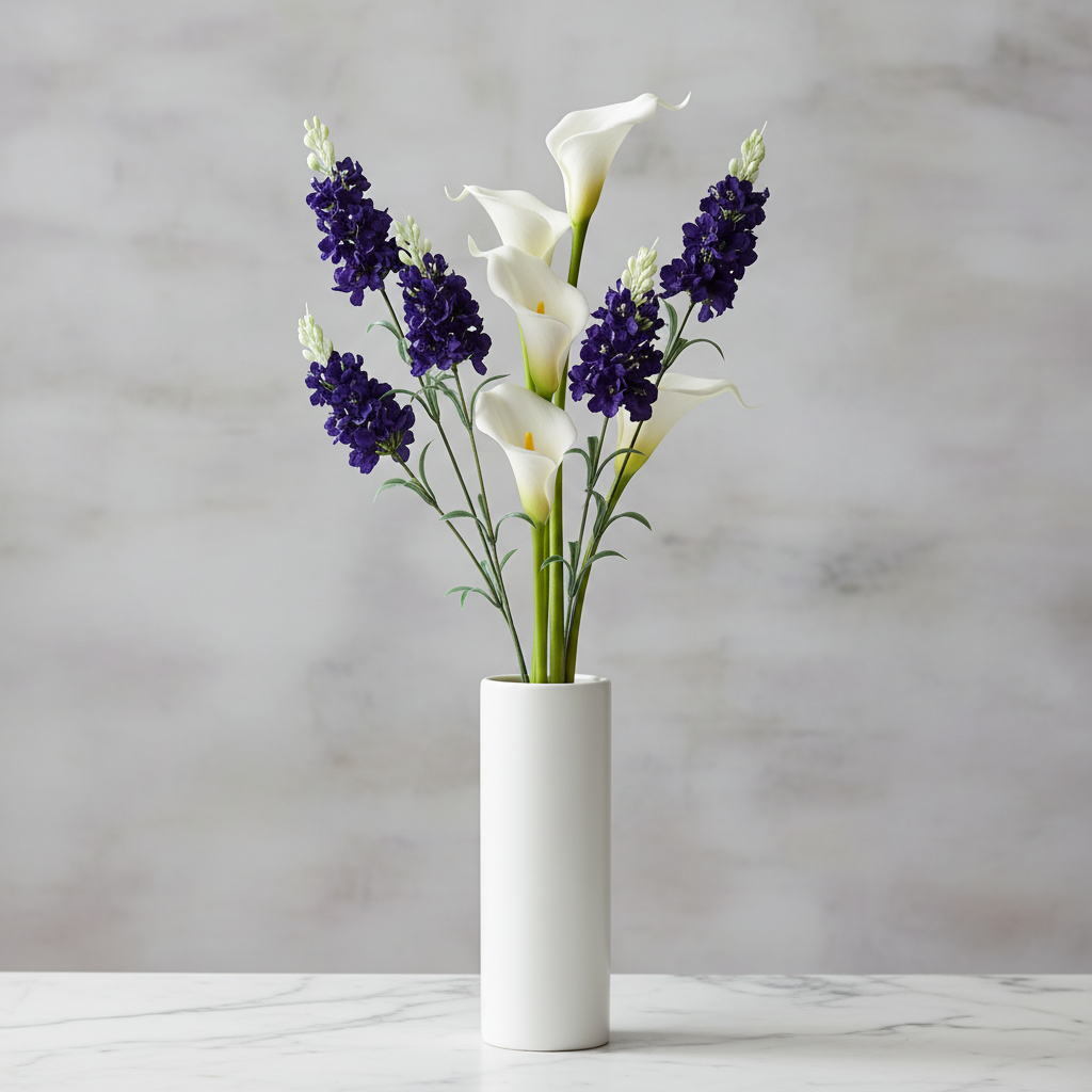 Luxury floral arrangement with artificial purple delphinium stems and white calla lilies in tall white ceramic vase on marble surface