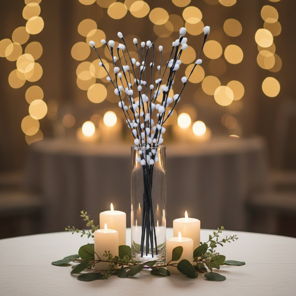 Artificial pussy willow stems in glass cylinder vase as elegant minimalist wedding table centerpiece with white candles