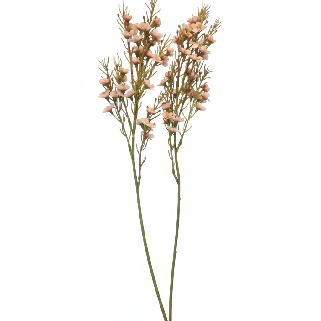 2 artificial blush pink dogwood stems with two-tone pink white blossoms on pure white background, 24 inch faux wax flower set