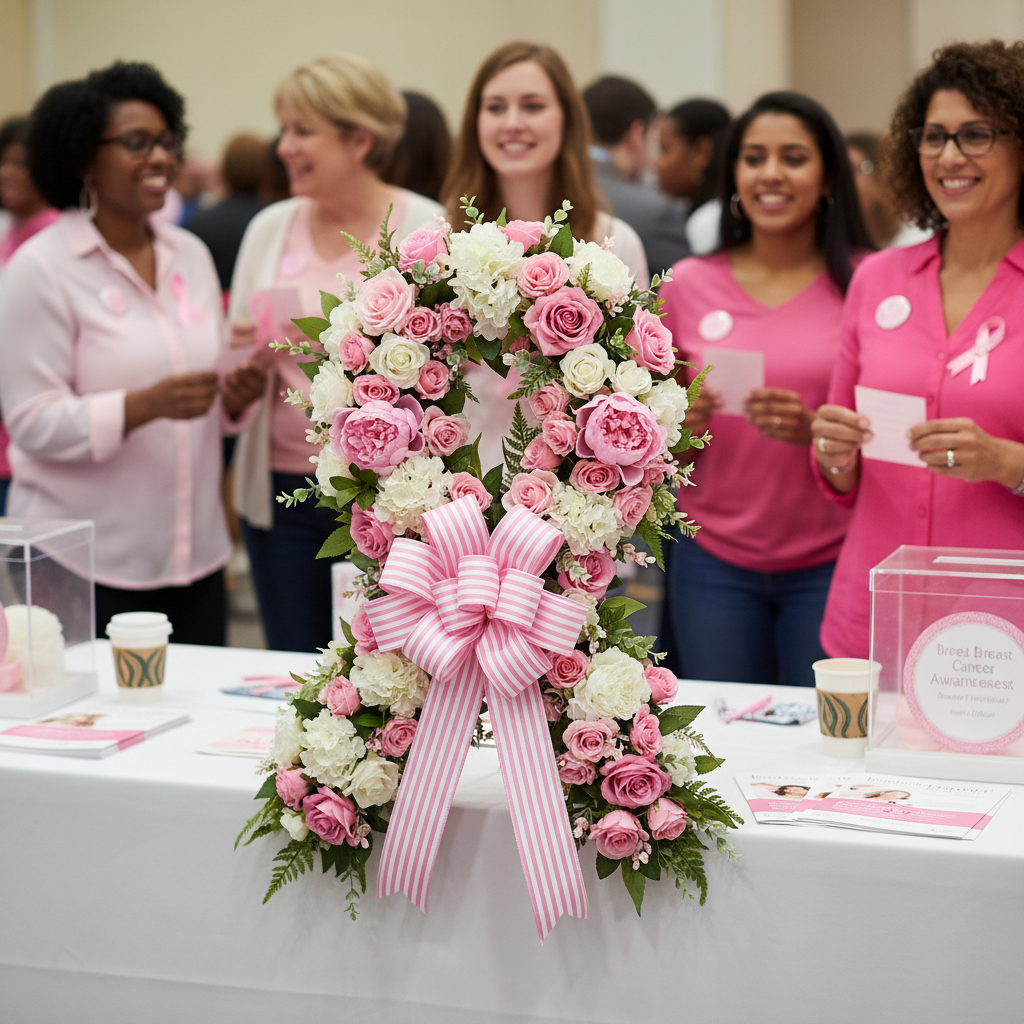 Awareness ribbon wreath decorated with pink and white flowers displayed at fundraiser event table