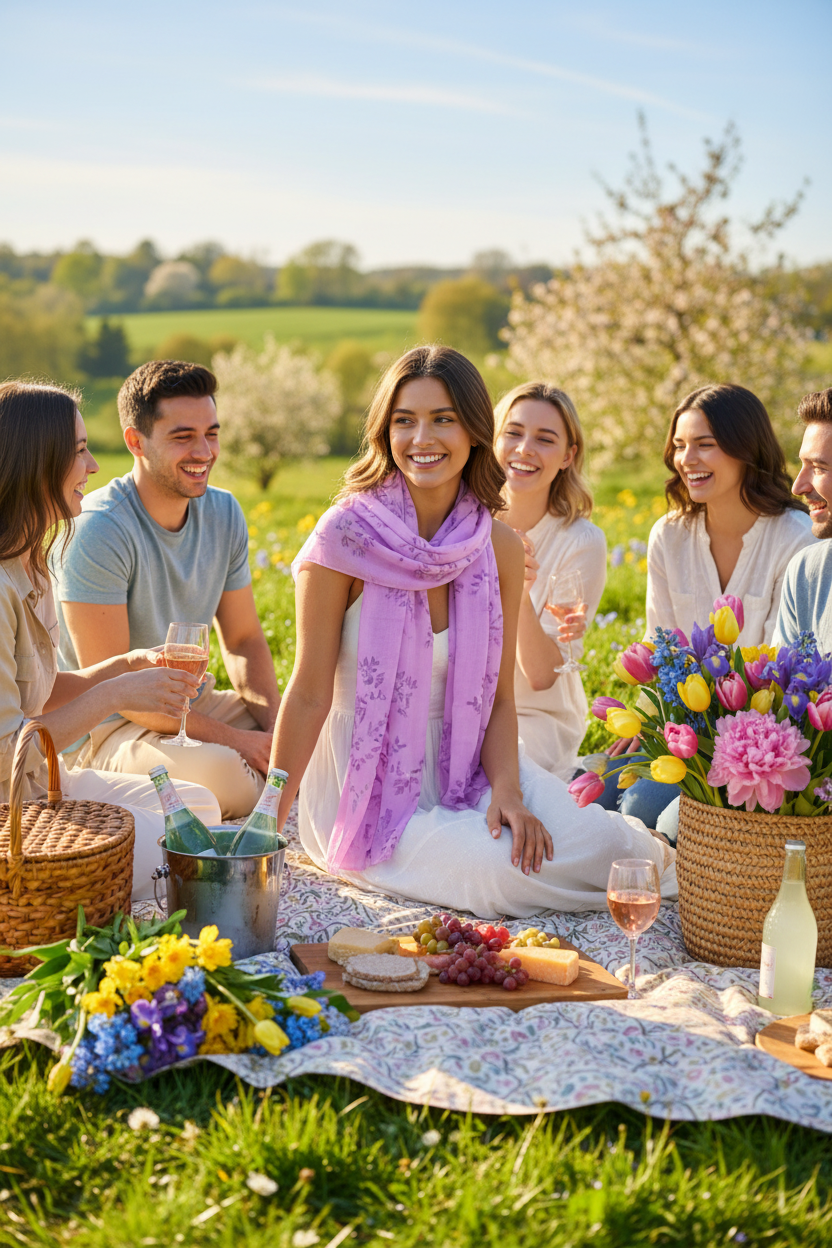 Lavender purple leaf scarf worn at spring picnic outdoor brunch gathering