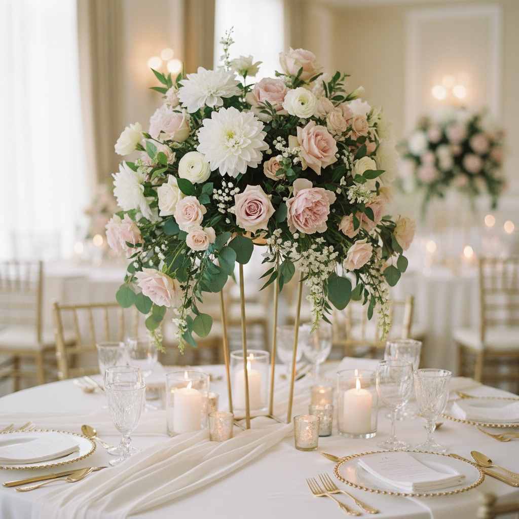 Elegant wedding table centerpiece with white dahlia stems, blush peonies and eucalyptus in gold geometric vase with candles