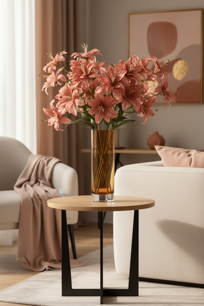Tiger lily stems in tall amber glass vase on modern side table, sophisticated feminine decor