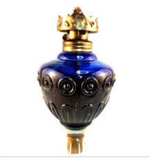 Vintage Blue Glass Mini Oil Lamp | Brass Crown Burner | Made in Hong Kong