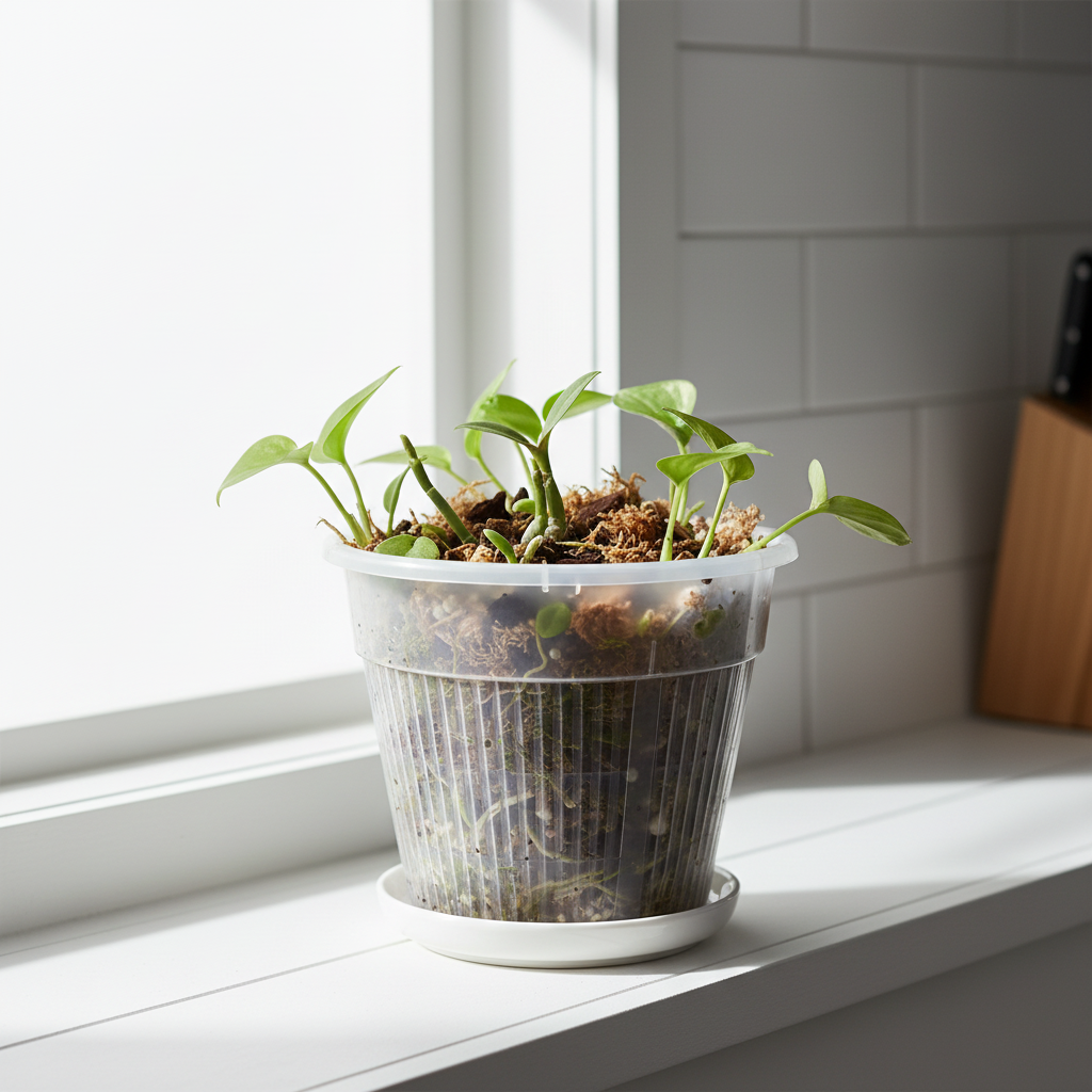 Clear 6 inch slotted orchid pot with open air slits used in a propagation station on a bright kitchen windowsill