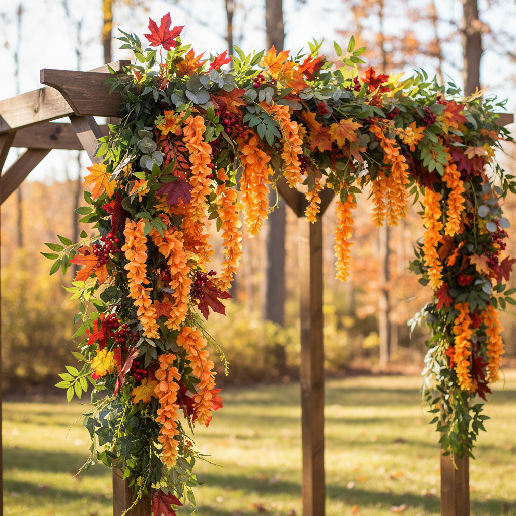 Artificial orange wisteria stem hanging from a rustic wooden wedding arch with fall foliage and greenery