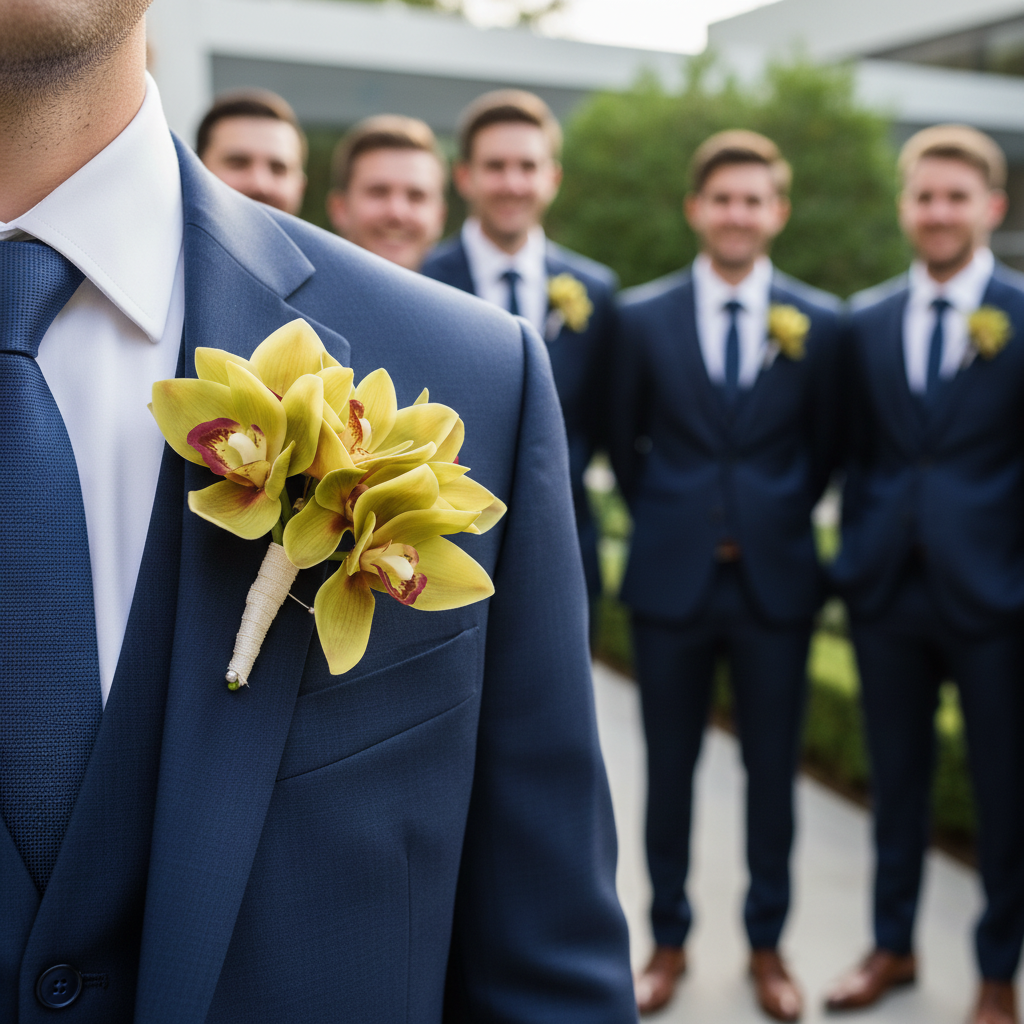 Groom wearing green Cymbidium orchid boutonniere on navy suit lapel for wedding