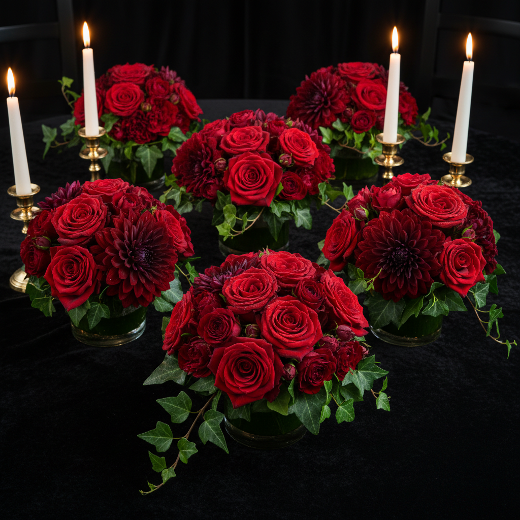 Six small fresh deep red rose and burgundy dahlia centerpieces using wet floral foam blocks in glass votives for Valentine's Day or gala event
