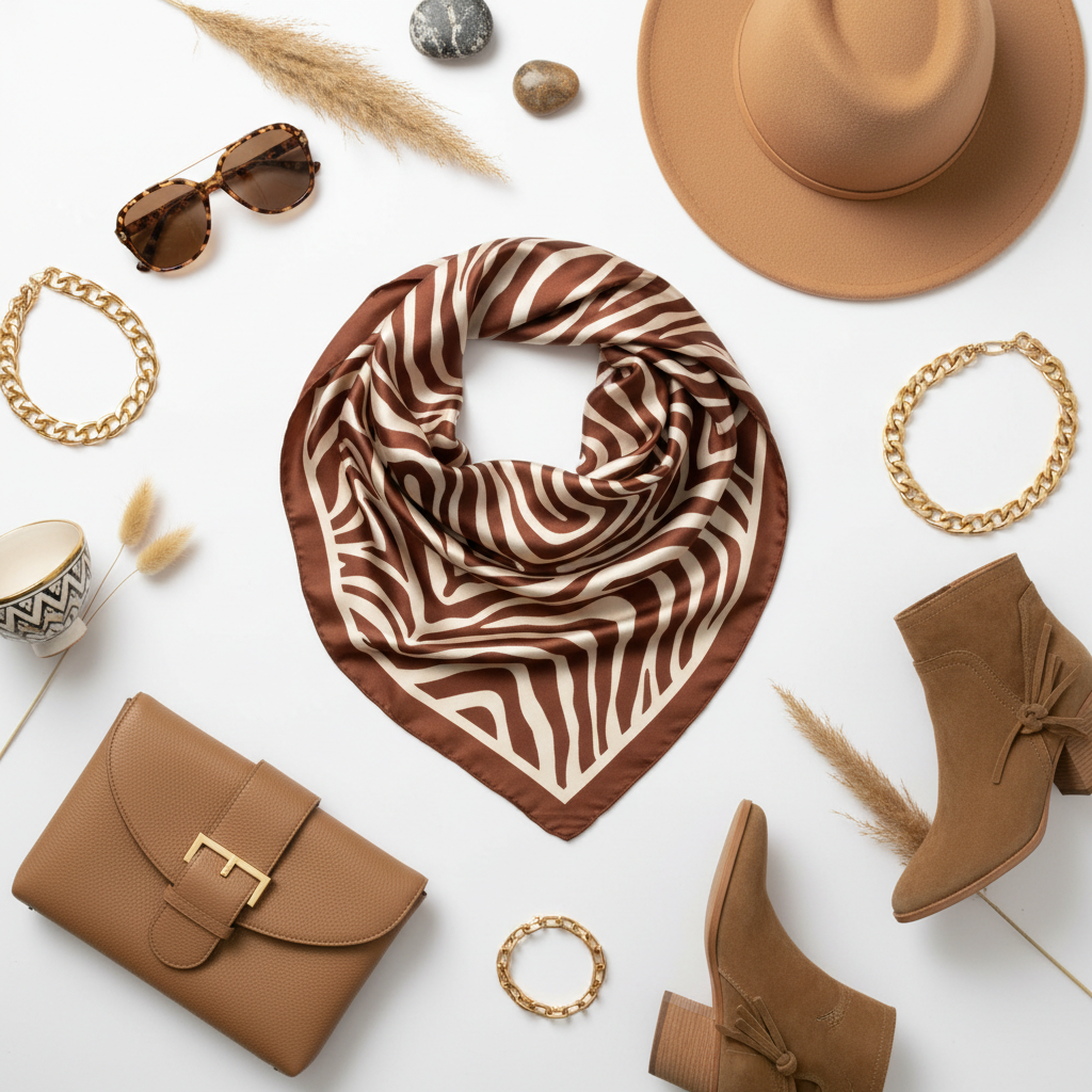 Flat lay of brown cream zebra print scarf with fashion accessories on white background