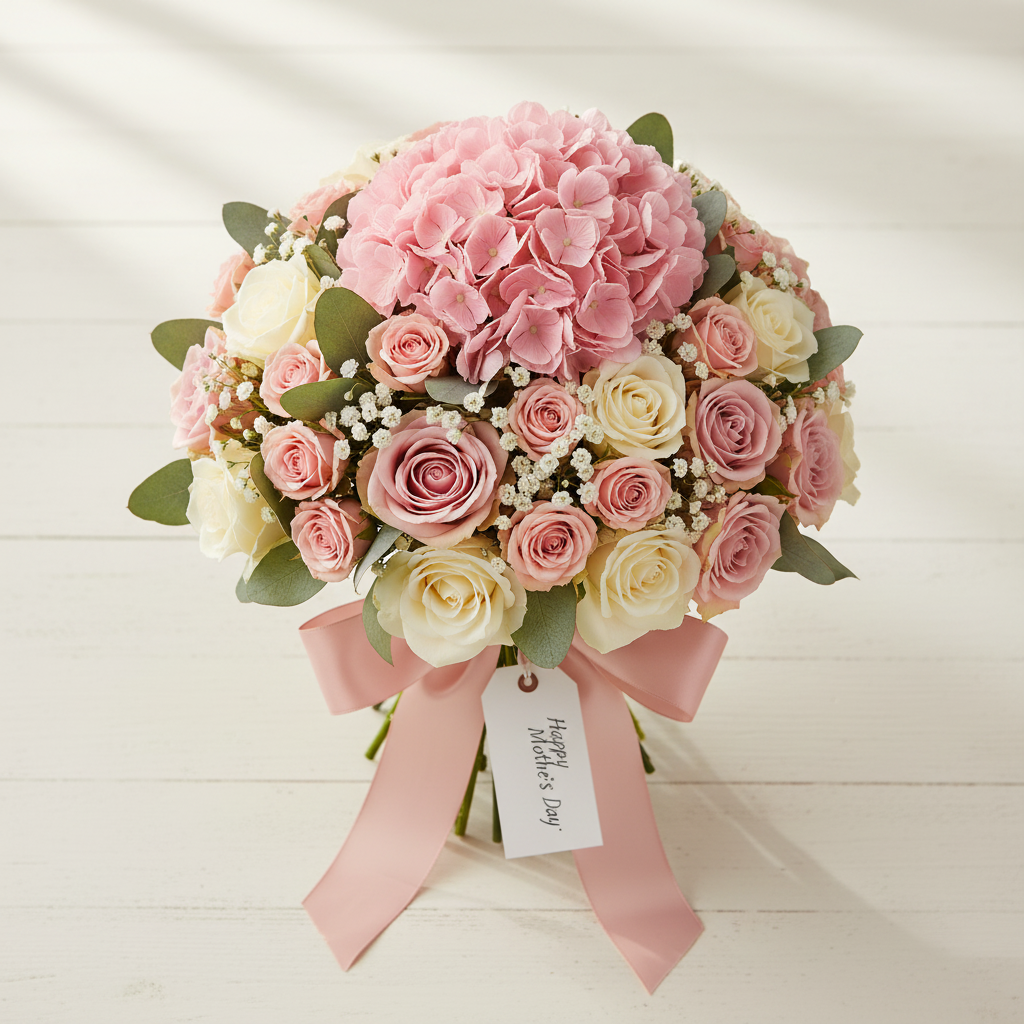 Blush pink hydrangea with pink roses and baby's breath in compact Mother's Day bouquet tied with blush satin ribbon and gift tag