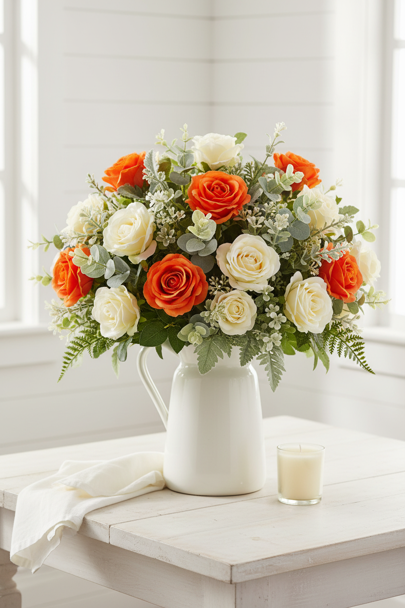 Vibrant orange artificial roses arranged with cream roses and eucalyptus in a white ceramic pitcher on a bright cottage kitchen table with shiplap background and soft natural lighting