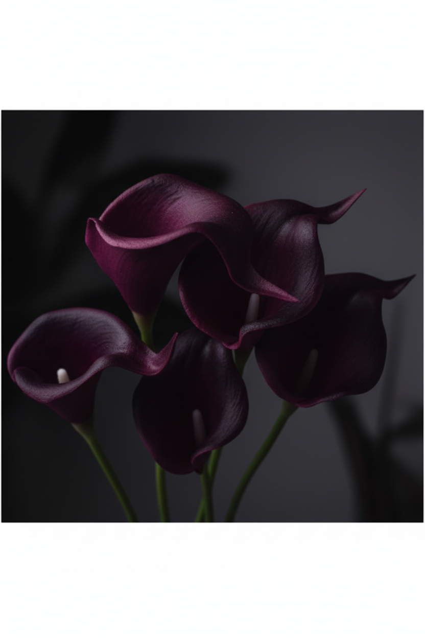 Close-up detail of deep purple and burgundy calla lily blooms showing sculptural curved petals and smooth realistic finish with dramatic moody lighting