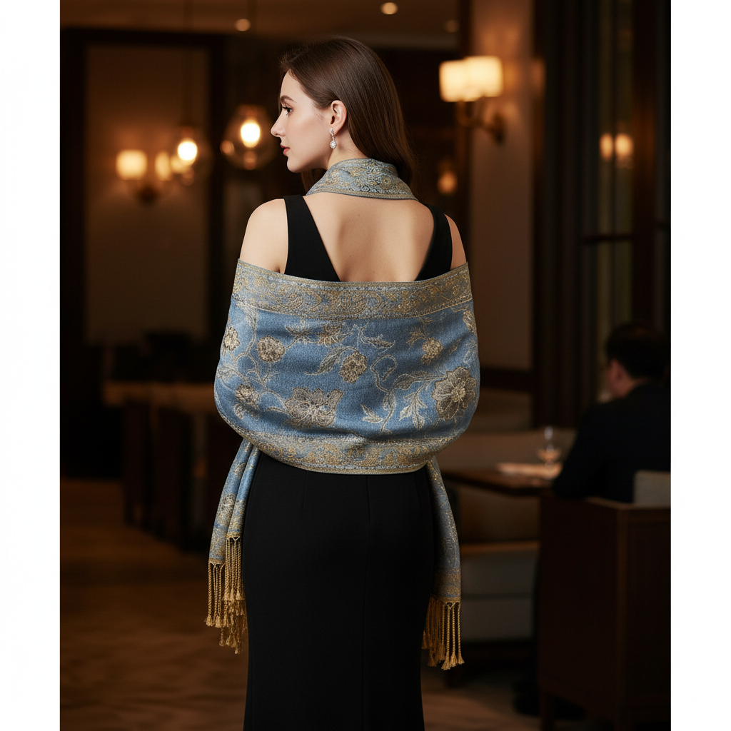 Woman wearing denim blue gold paisley jacquard shawl as evening wrap draped over shoulders with black dress