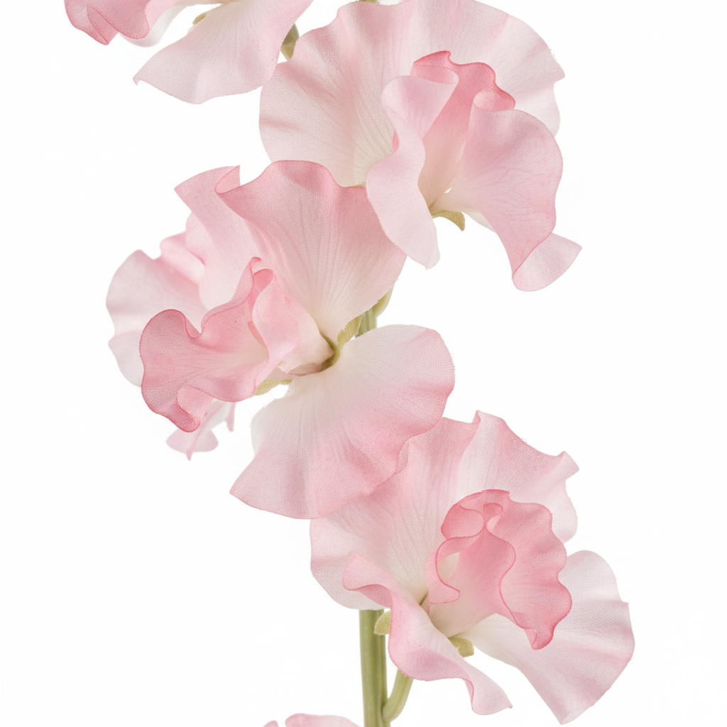 Close-up detail of soft blush pink sweet pea artificial flower petals showing realistic fabric texture
