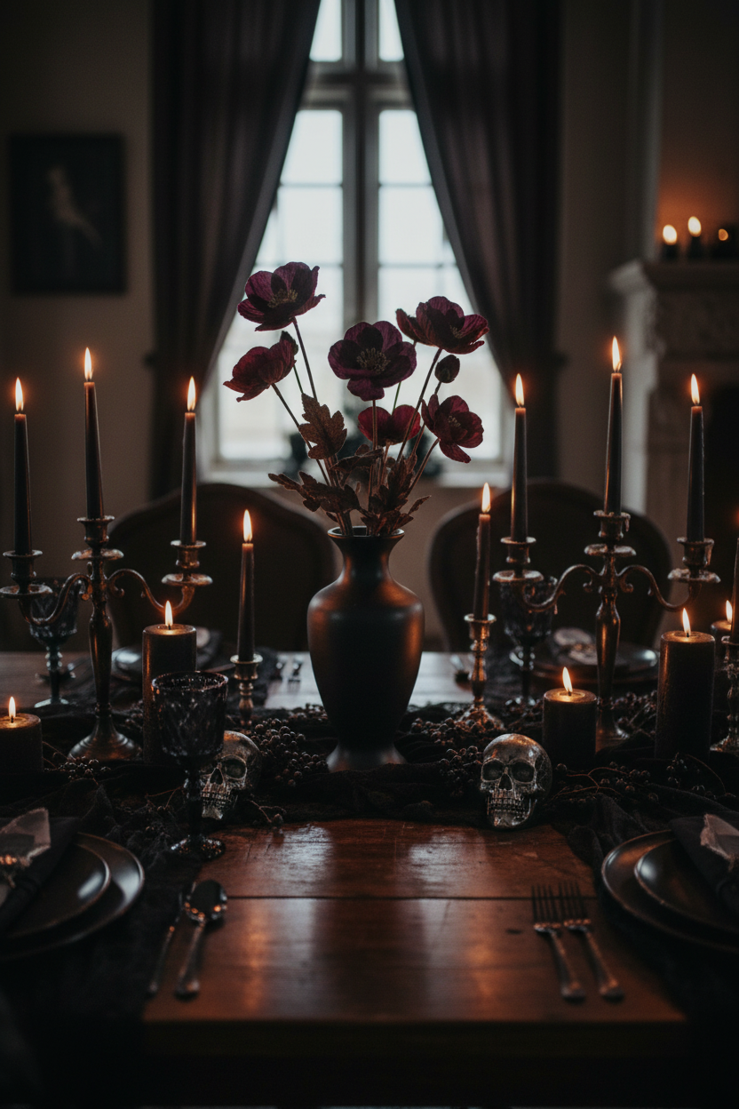 Dark purple faux flower stems in black ceramic vase with candles for gothic romantic wedding tablescape