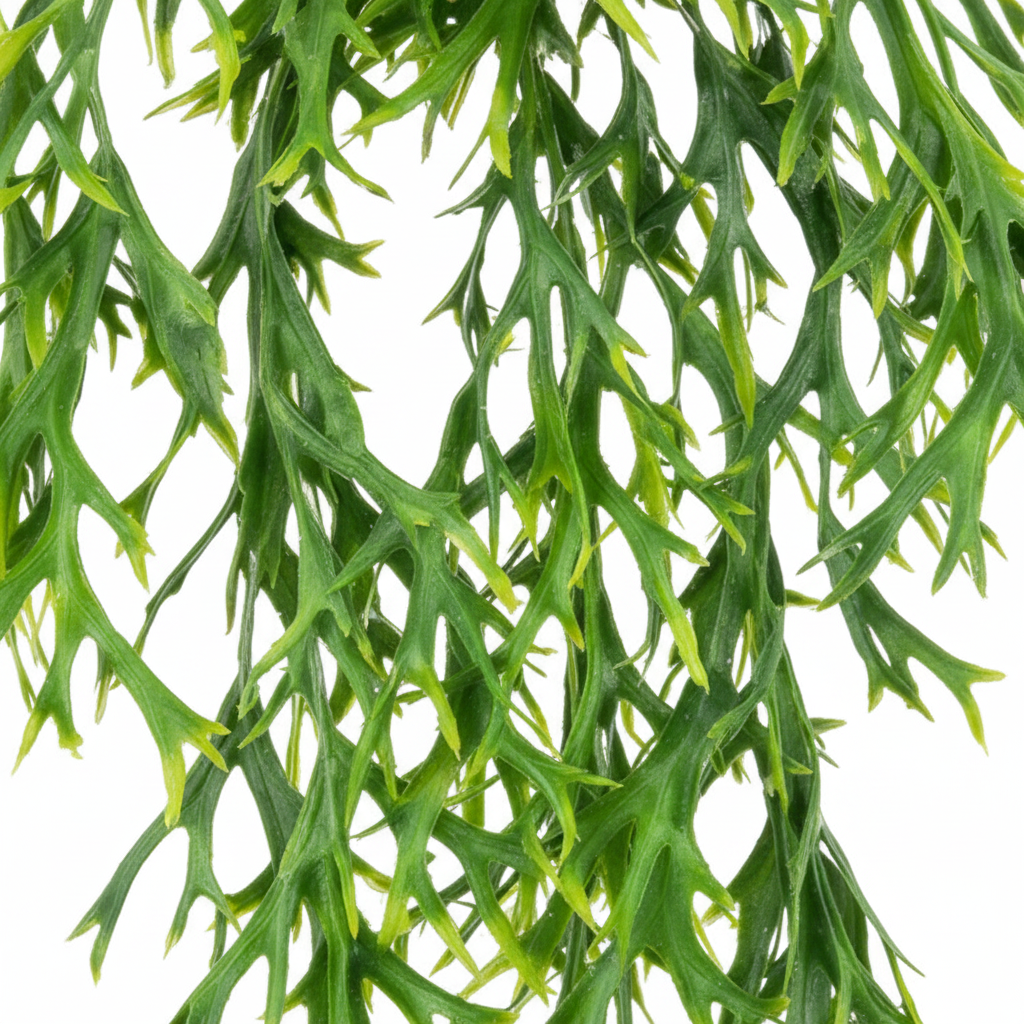 Close-up of bright green faux staghorn fern foliage showing antler-like leaf detail and vibrant green tones