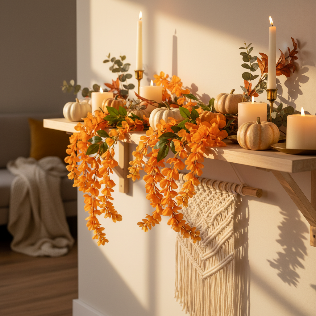 Artificial orange wisteria stem draped over a boho shelf display with pumpkins, candles, and autumn greenery