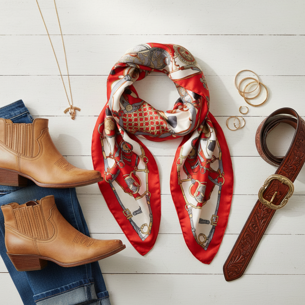 Flat lay of red equestrian scarf with western accessories including boots, denim, and jewelry