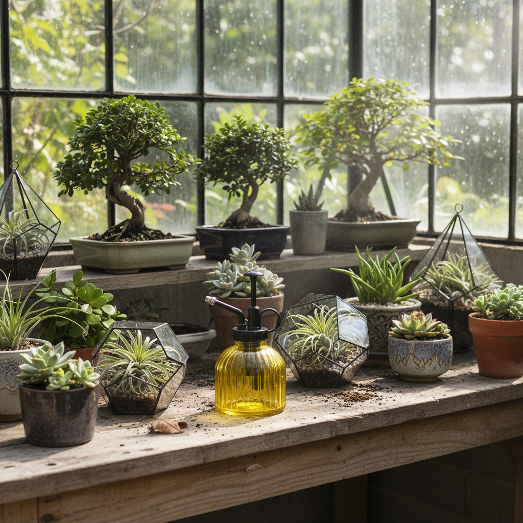 Yellow ribbed glass plant mister on vintage potting bench in greenhouse with bonsai trees, air plants in terrariums, and succulents