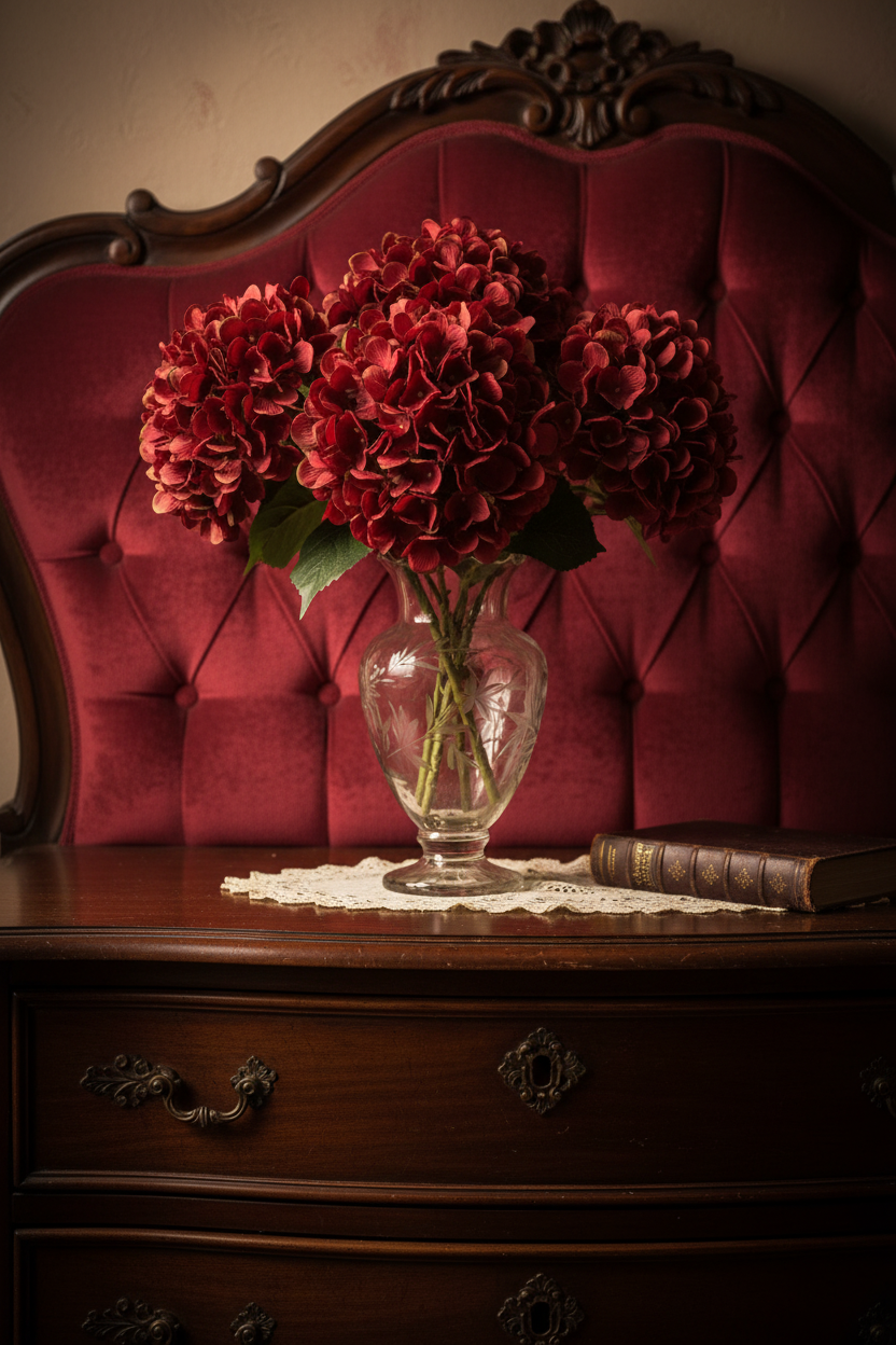 Deep red hydrangea in antique glass vase on dark wood dresser with moody romantic vintage decor