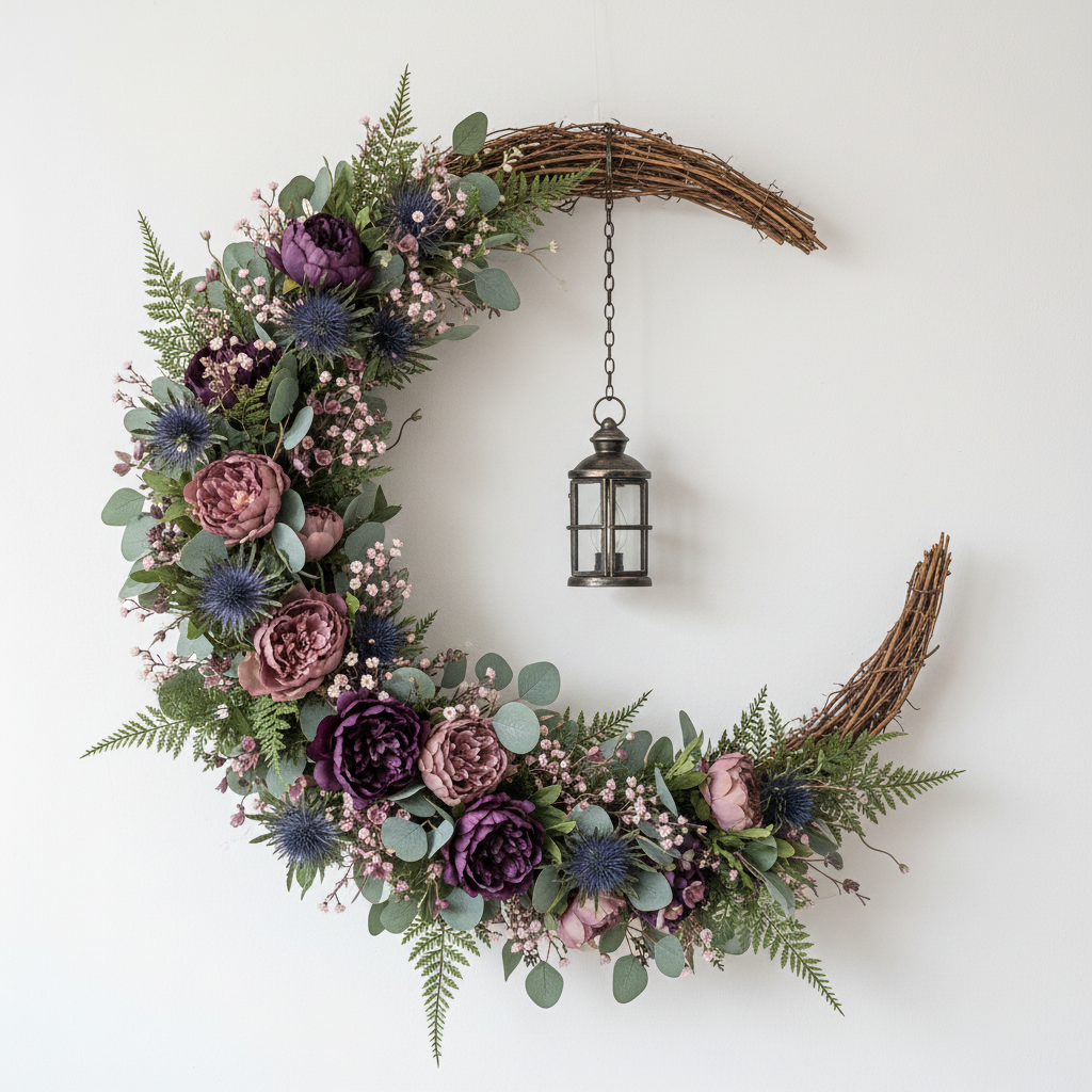 Crescent moon wreath with purple flowers, ferns, and hanging lantern