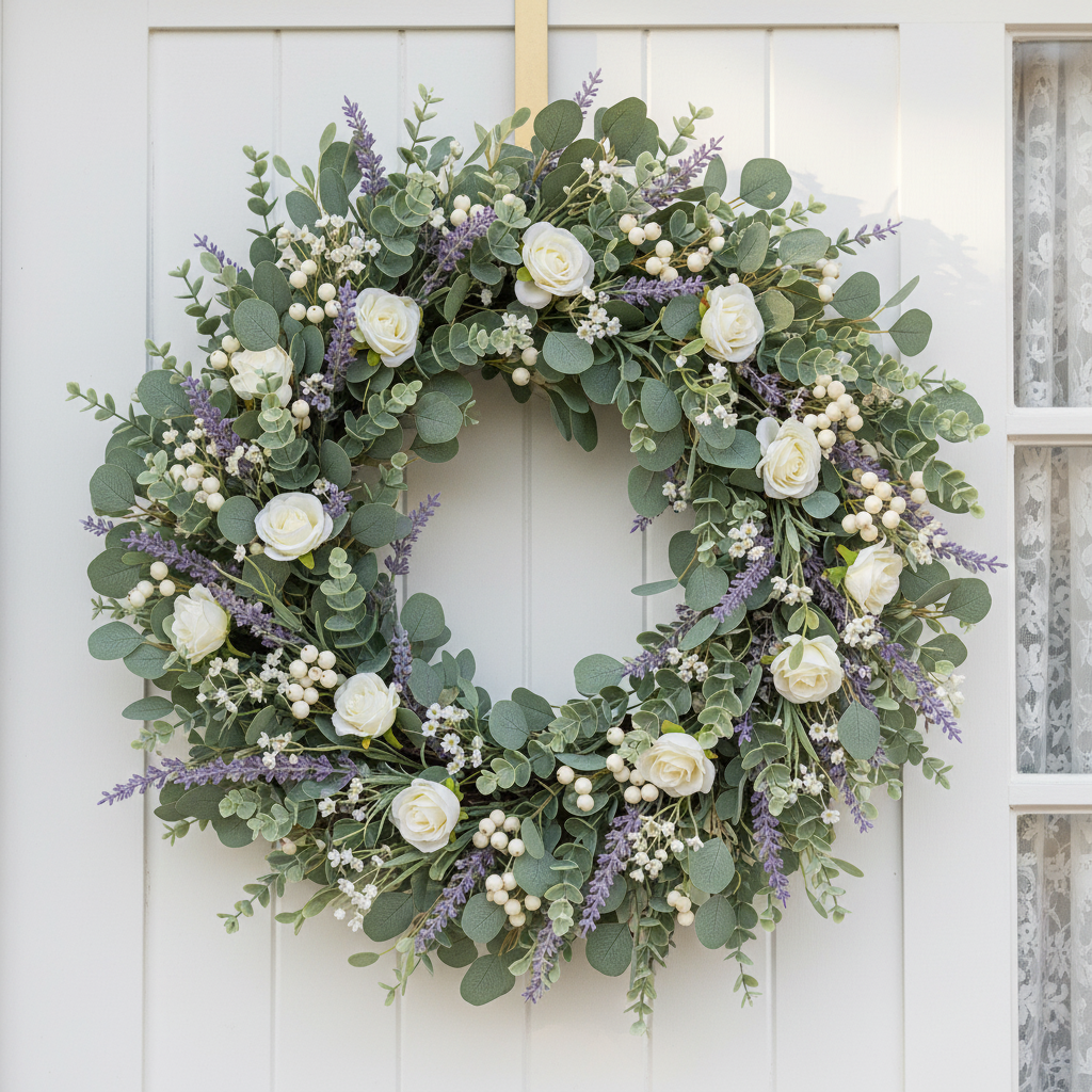 Sage green faux eucalyptus stems woven into a full cottagecore front door wreath with white roses, baby's breath, and lavender on a white shiplap door