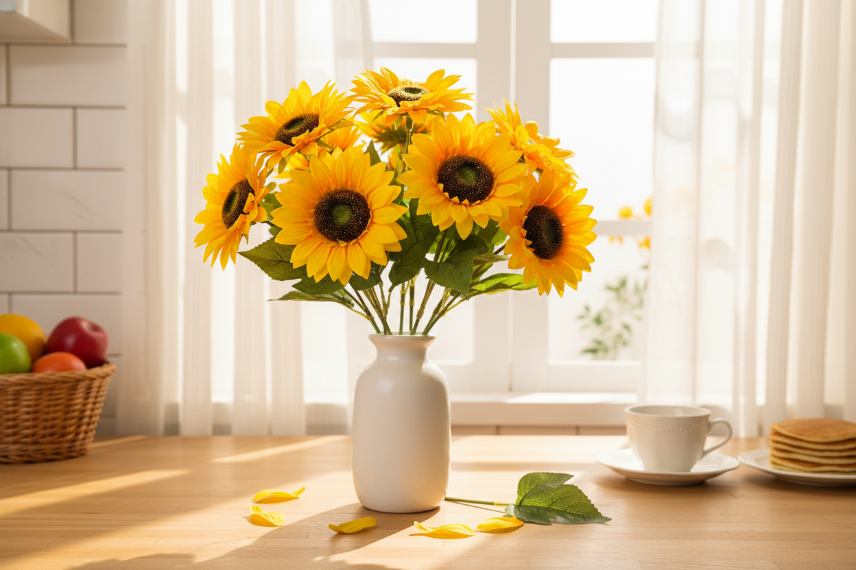 Yellow artificial sunflowers in white vase as kitchen home decor