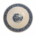 Vintage Homer Laughlin Stratwood bowl Shakespeare Country blue transferware pattern on white background top view