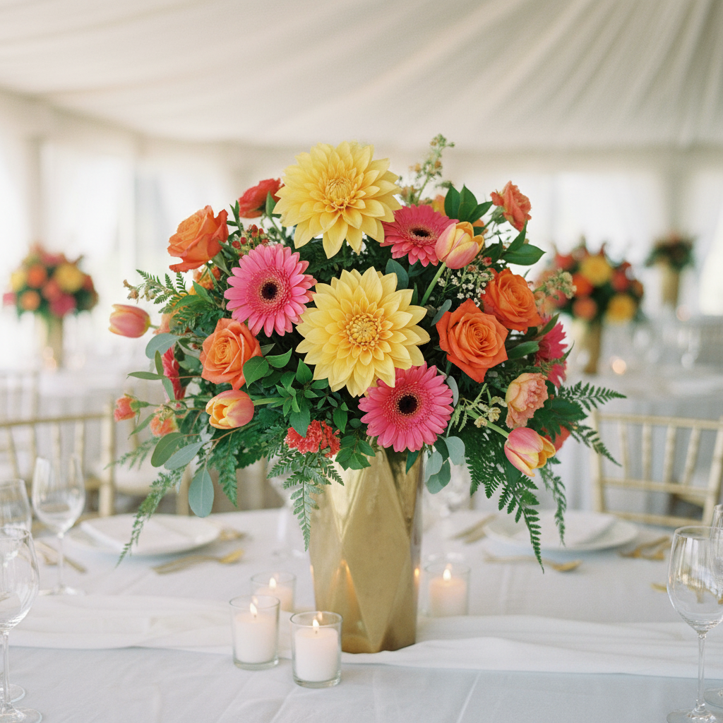 Summer wedding table centerpiece with yellow dahlia stems, orange roses and bright summer flowers in gold geometric vase