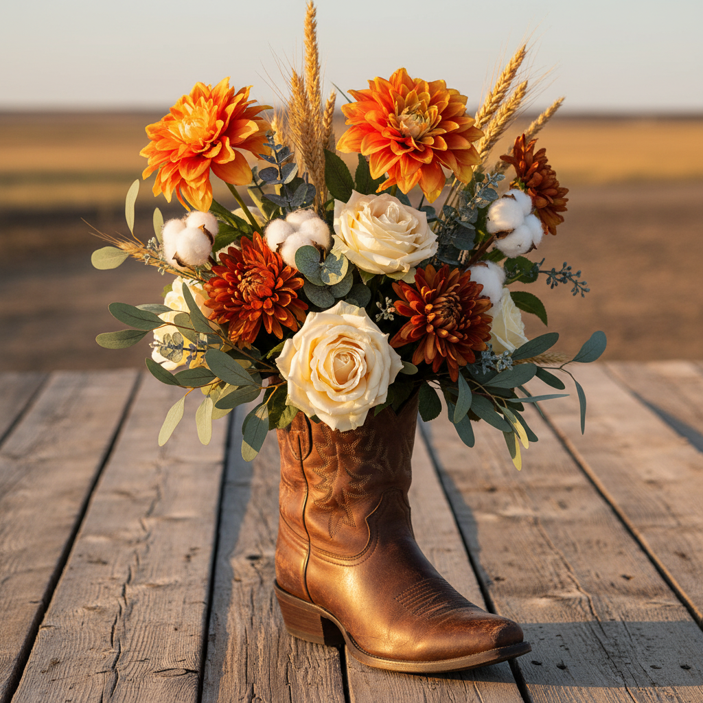 Western style floral arrangement with orange dahlia blooms in leather cowboy boot with dried wheat, cotton stems and eucalyptus