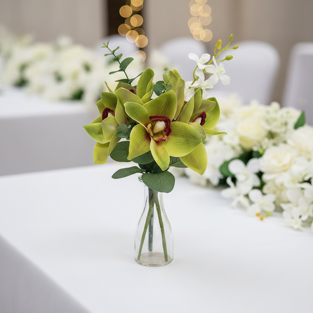 Artificial green cymbidium orchid stems in small bud vase as elegant wedding table accent arrangement