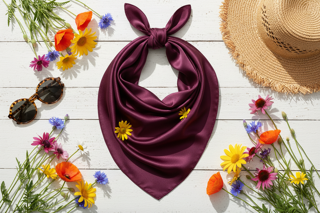 Eggplant purple wild rag summer flat lay with sunglasses, straw hat, and colorful wildflowers on white wood