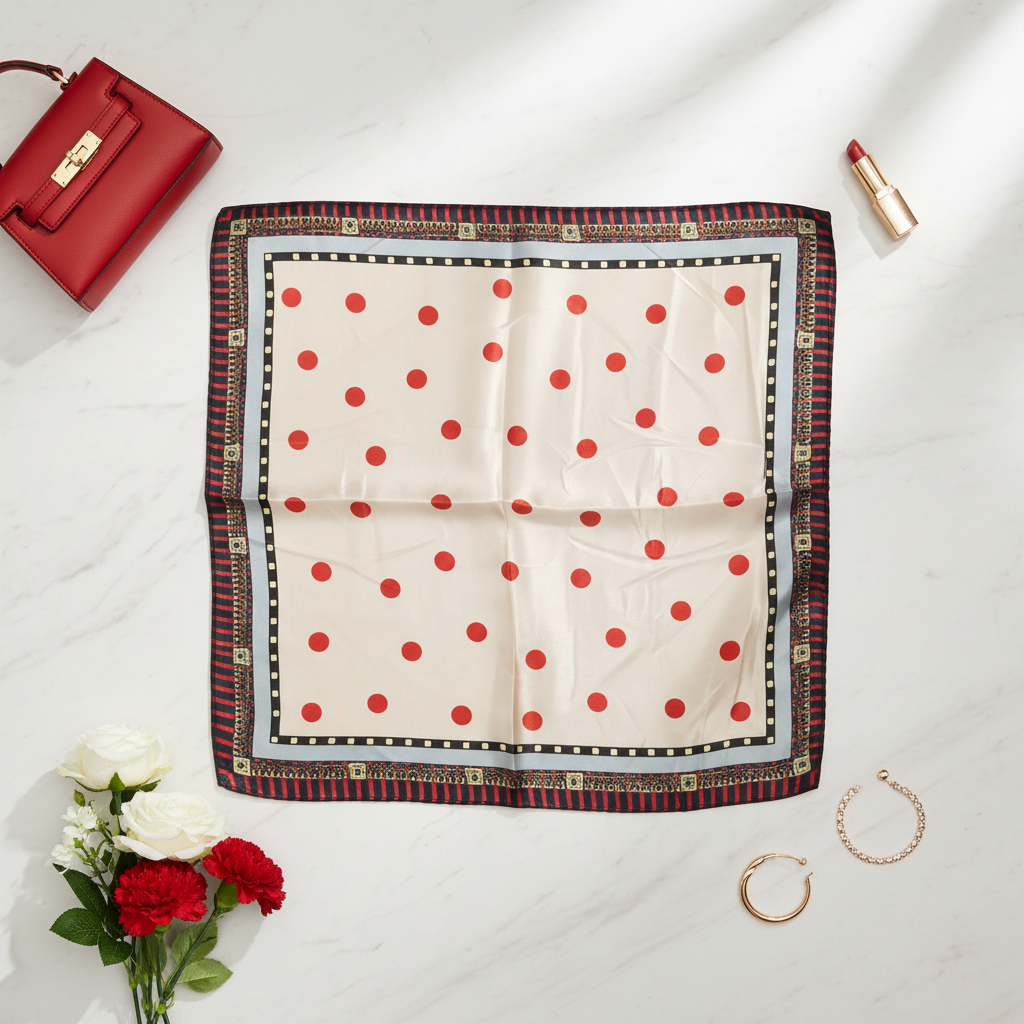 Cream red polka dot satin square scarf flat lay on white marble with red leather handbag gold jewelry red lipstick and fresh red white florals overhead light 20x20