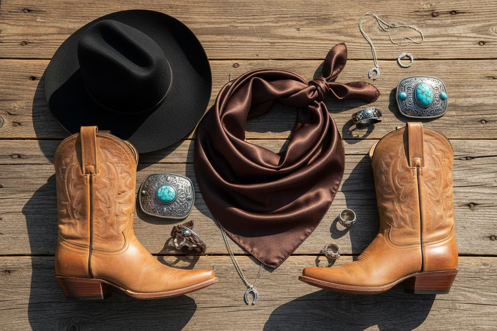Chocolate brown wild rag with black cowboy hat, tan leather boots, and silver western jewelry, rich western styling