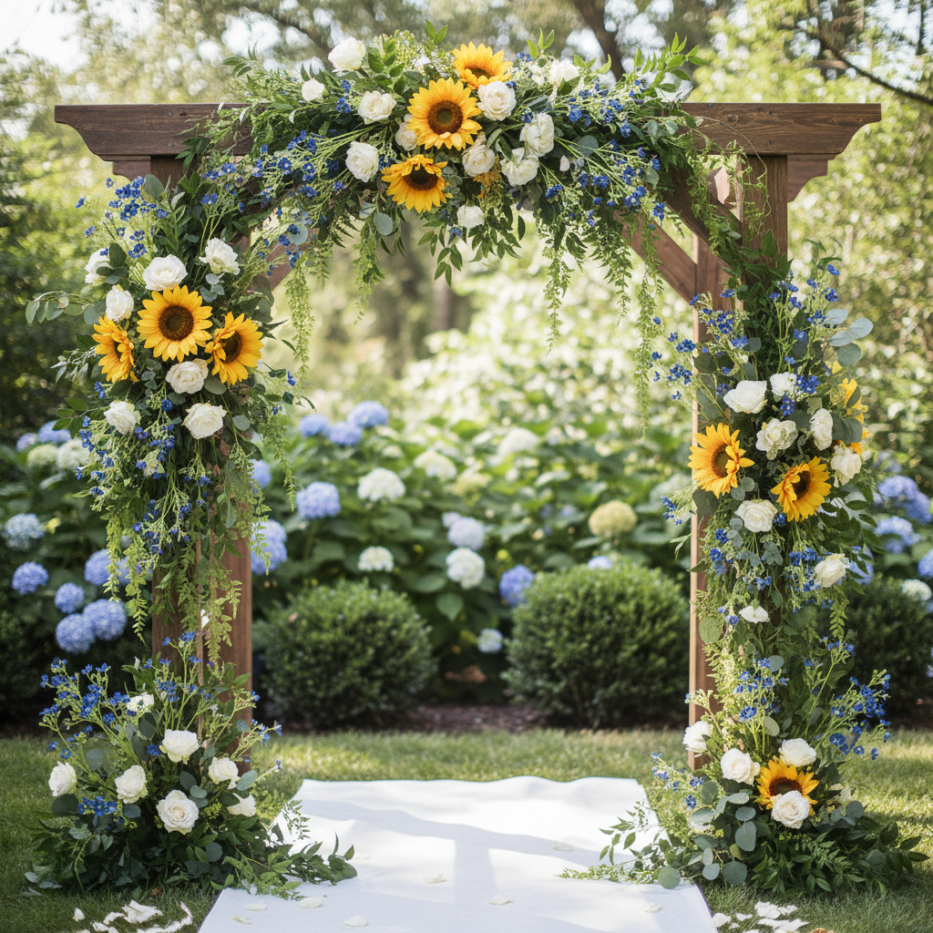 Artificial cobalt blue dogwood stems woven into wedding arch with vibrant yellow sunflowers, white roses, and lush greenery