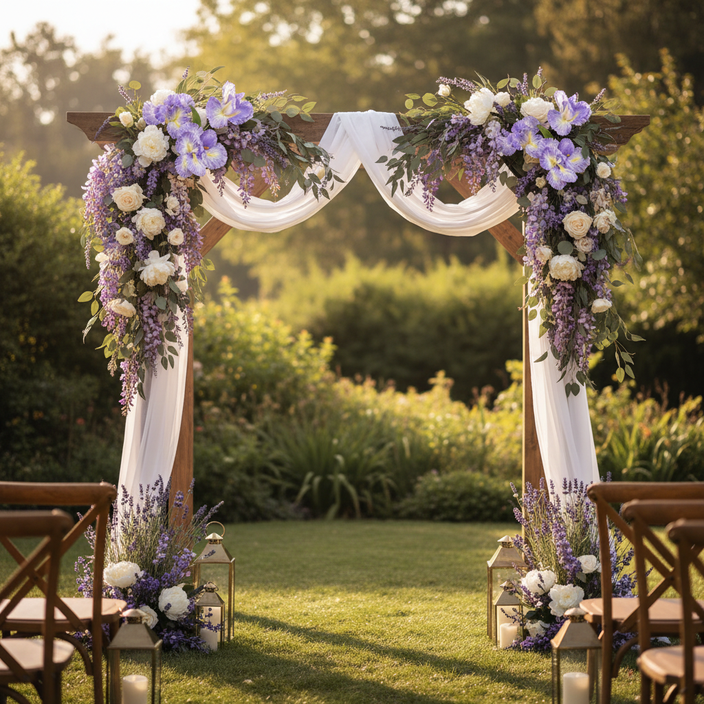 Faux lavender iris stem with ruffled blooms on a wooden outdoor wedding arch with lavender sprigs, white peonies, purple wisteria, ivory roses and flowing white fabric in a garden setting
