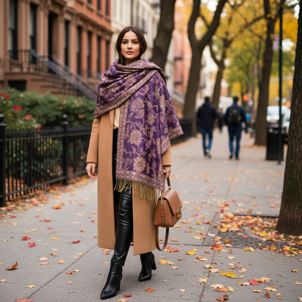 Woman wearing purple gold paisley jacquard fringe shawl layered over camel coat on city street autumn street style