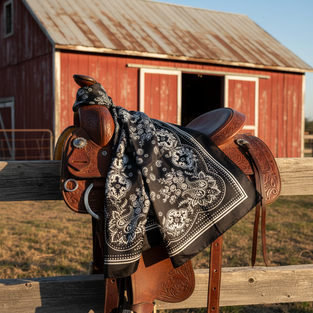 Black paisley scarf draped on western leather saddle showing satin sheen