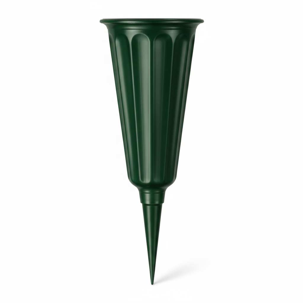 Set of 2 green cemetery flower vases with ground spikes on white background
