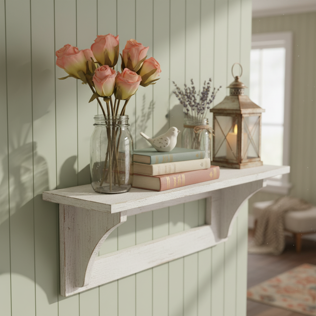 Blush pink faux roses styled on farmhouse shelf with vintage books mason jars rustic home decor cottagecore aesthetic