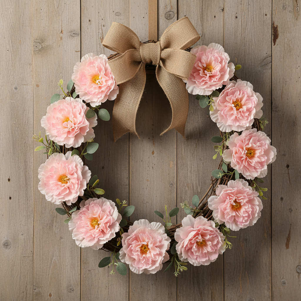 Blush pink peony flower picks arranged on a country grapevine wreath with greenery and burlap bow, rustic farmhouse wall background