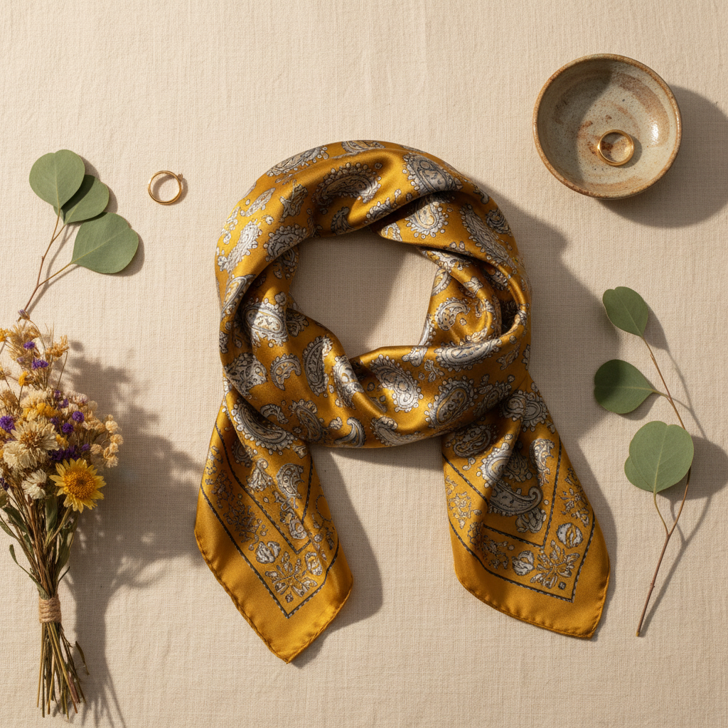 Mustard gold satin paisley square scarf in a flat lay arrangement on cream linen with dried wildflowers, eucalyptus sprigs, a vintage gold ring, and a small ceramic dish
