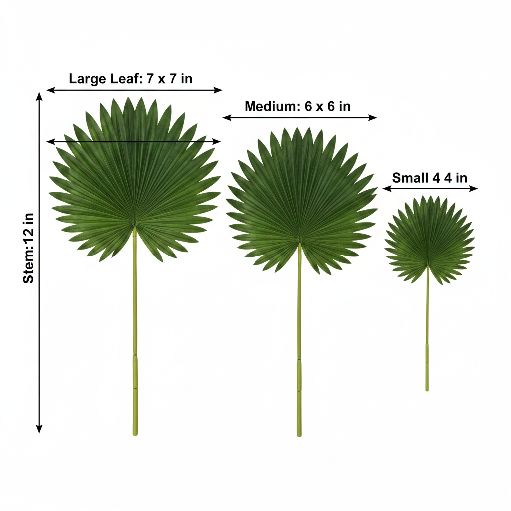 Measurement diagram of 3 artificial fan palm leaves showing large 7x7 inch, medium 6x6 inch, small 4x4 inch sizes and 12 inch stem length
