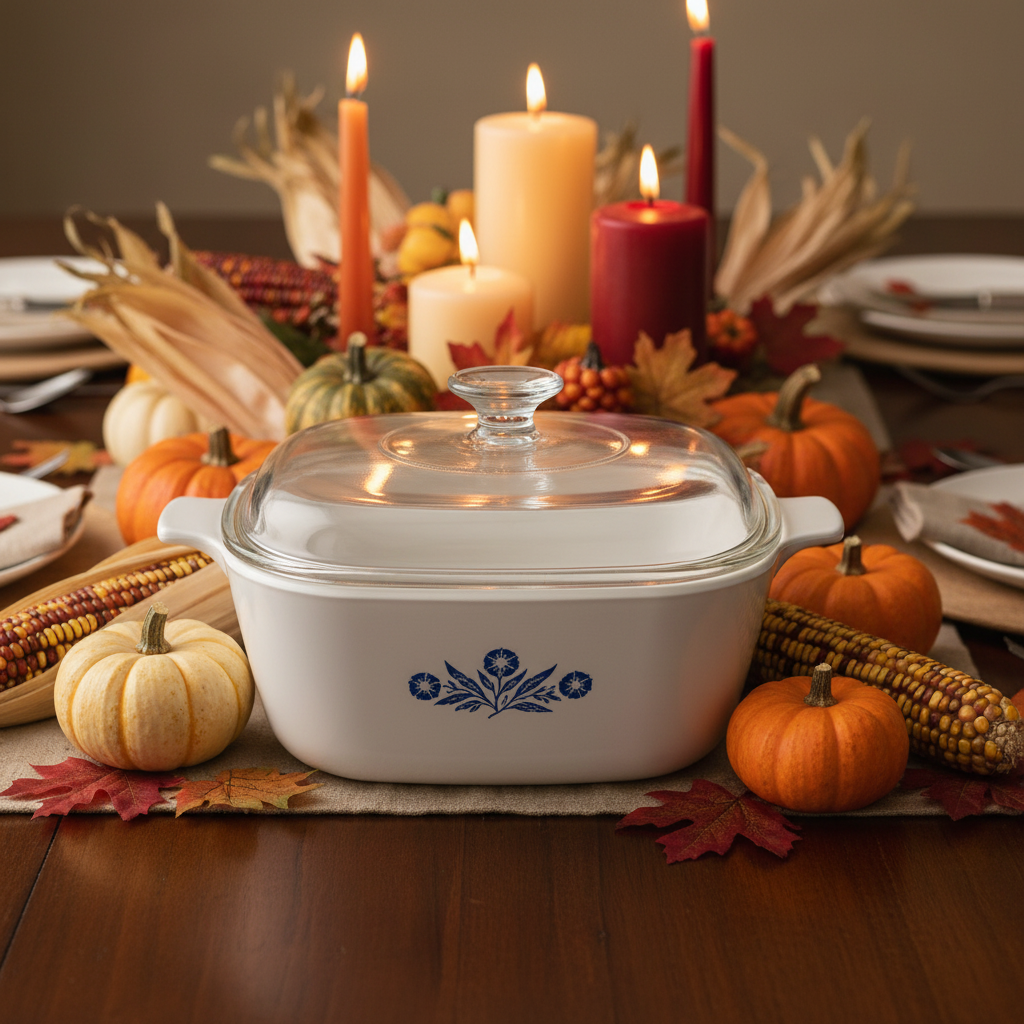 Vintage Corning Ware Blue Cornflower casserole dish as Thanksgiving holiday table centerpiece with pumpkins, candles, and fall leaves
