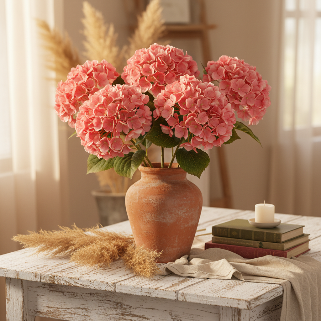 Coral pink hydrangea stems in rustic terracotta vase on weathered white wood table boho cottage decor with pampas grass and candle