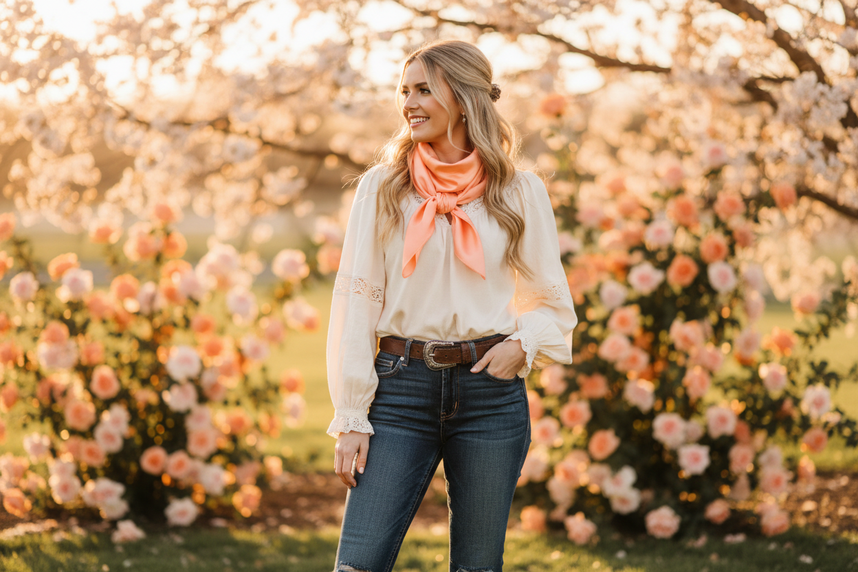 Peach wild rag tied elegantly at spring wedding with peach and pink flowers and soft blouse