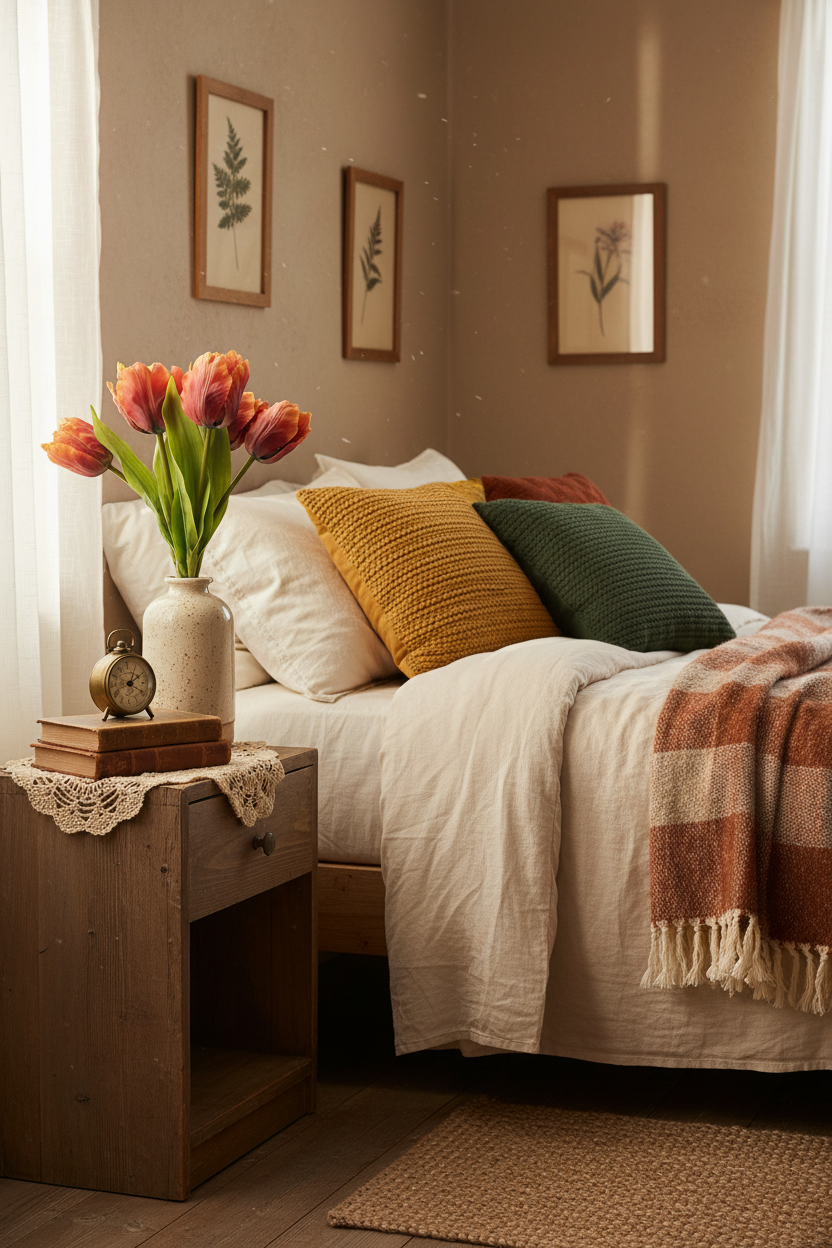 Terracotta fringed tulip bundle in vintage ceramic vase on nightstand with cottagecore fall decor