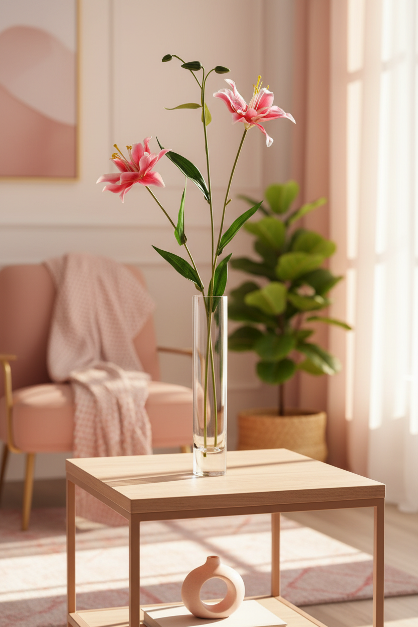 Hot pink lily stems in tall glass vase on modern side table, vibrant feminine decor
